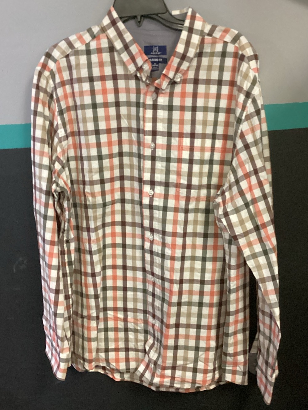 George Men’s Plaid Button-Down Shirt in White, Orange & Brown